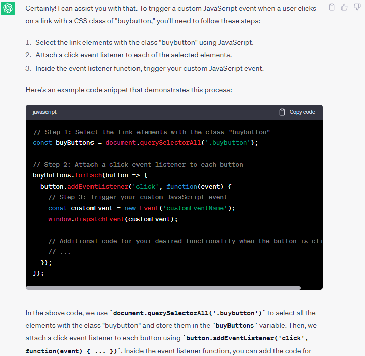 ChatGPT’s reply for writing a custom JS event